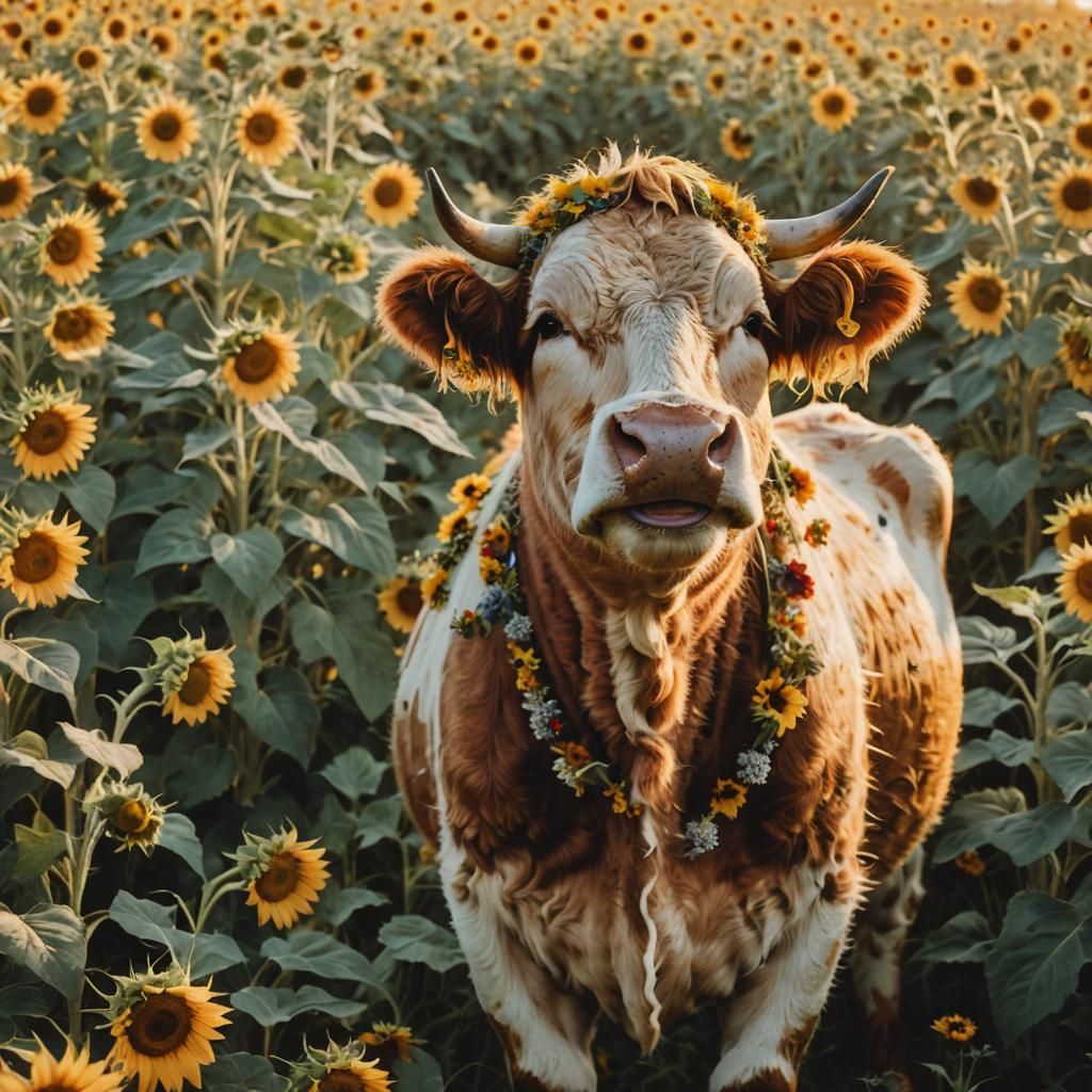 Smiling Hairy Cow in Sunflowers, Film-Inspired Portrait