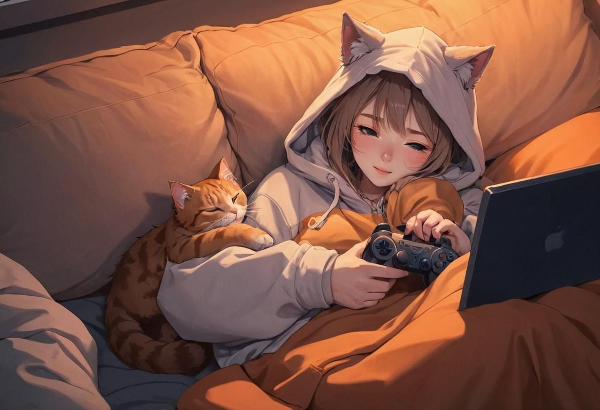 Anime Cat Girl Gaming with Cat on Lap