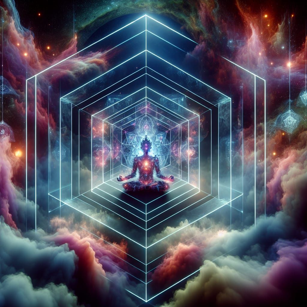 Deity Meditating in Multiverse Cube with Neon Swirls