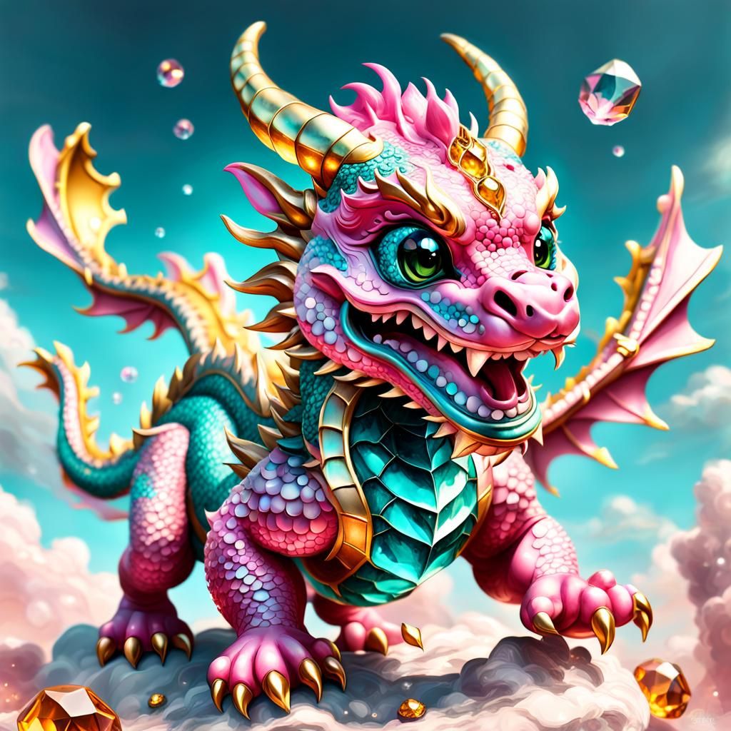 Cute Pink and Teal Chinese Dragon with Crystals