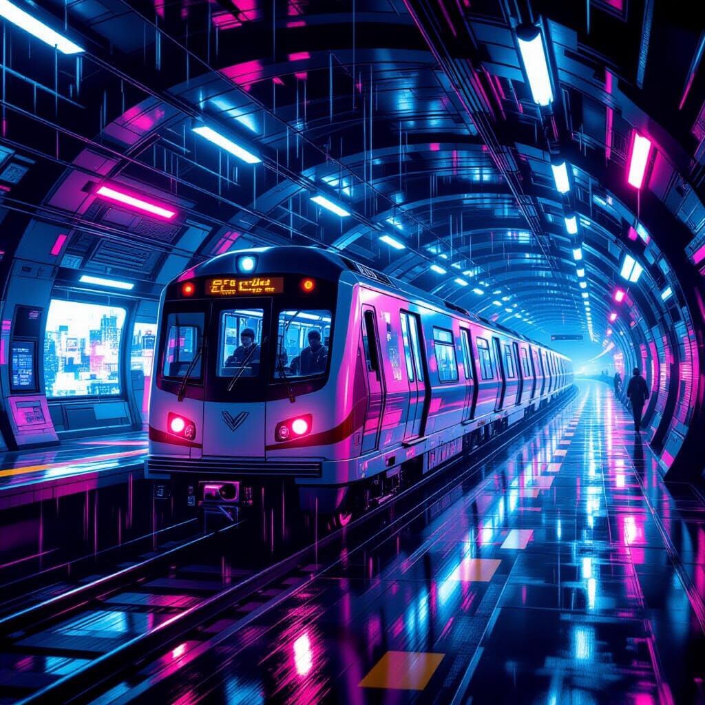 Cyberpunk Subway Train Speeds Through Neon Tunnels
