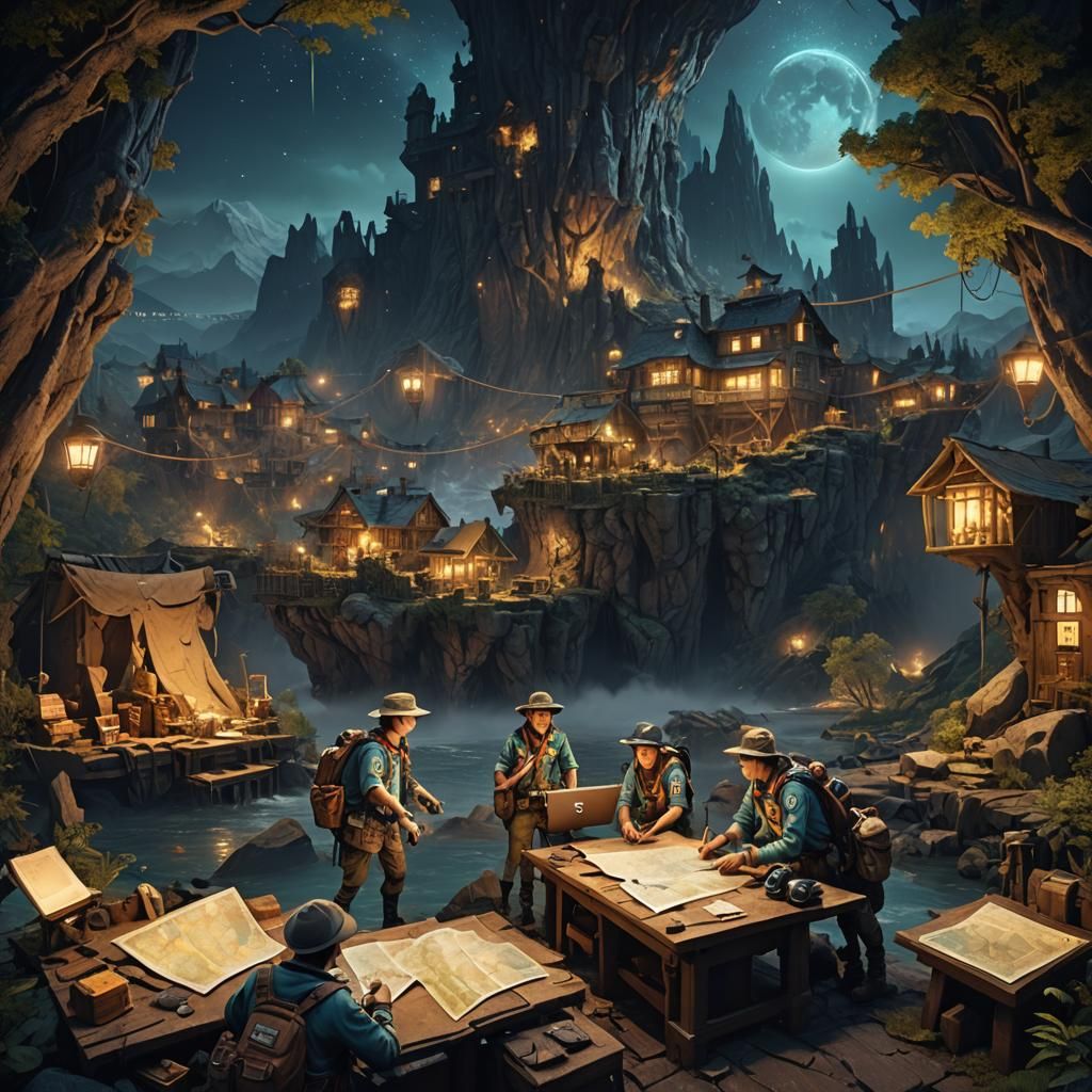 Scouts Navigating at Night: Fantasy Concept Art