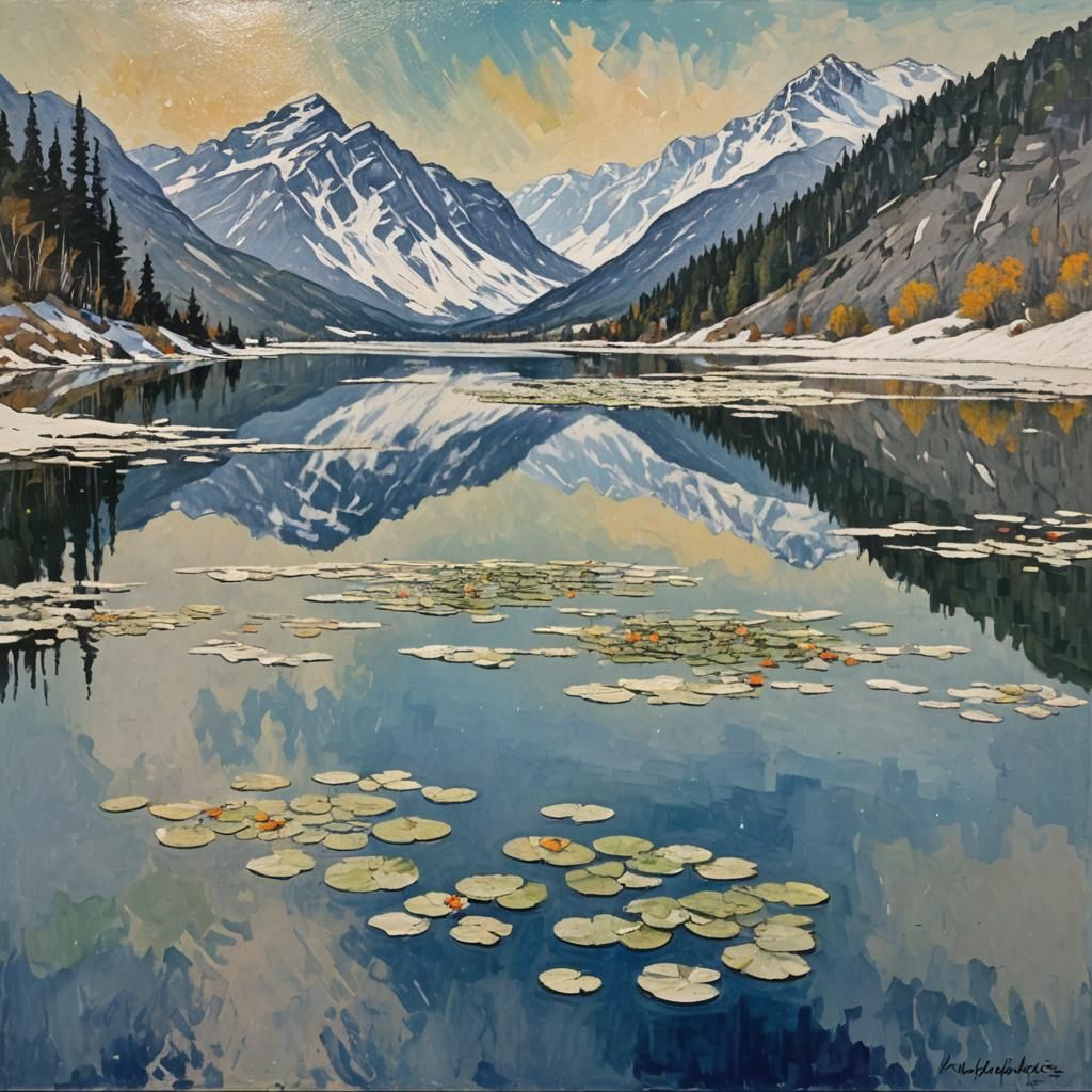 Monet's Water Lilies Reflecting Snowy Mountains