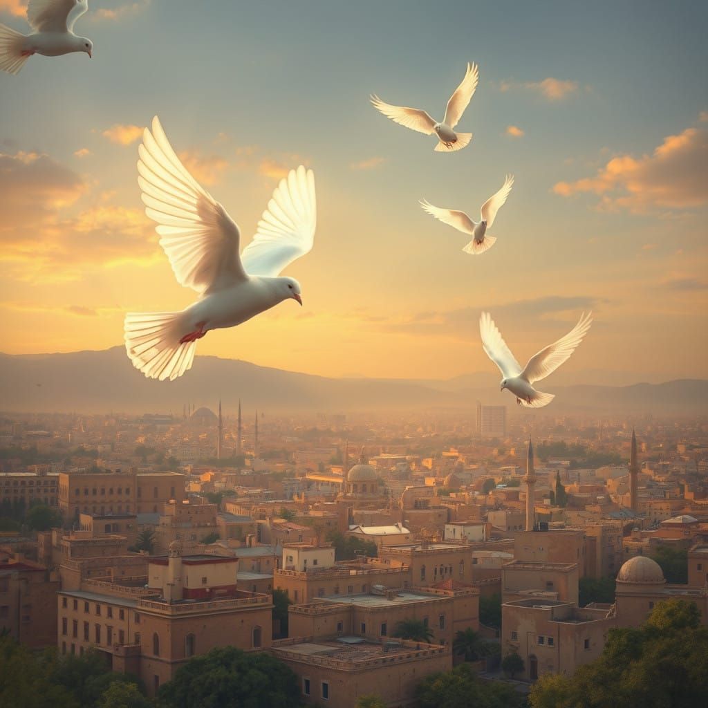 Peaceful Doves Soar Above Damascus in Sunset Glory