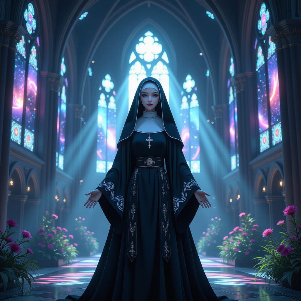 Alien Nun in Futuristic Gothic Cathedral