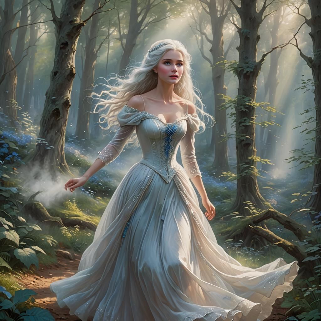 Ethereal Princess Runs Through Misty Forest