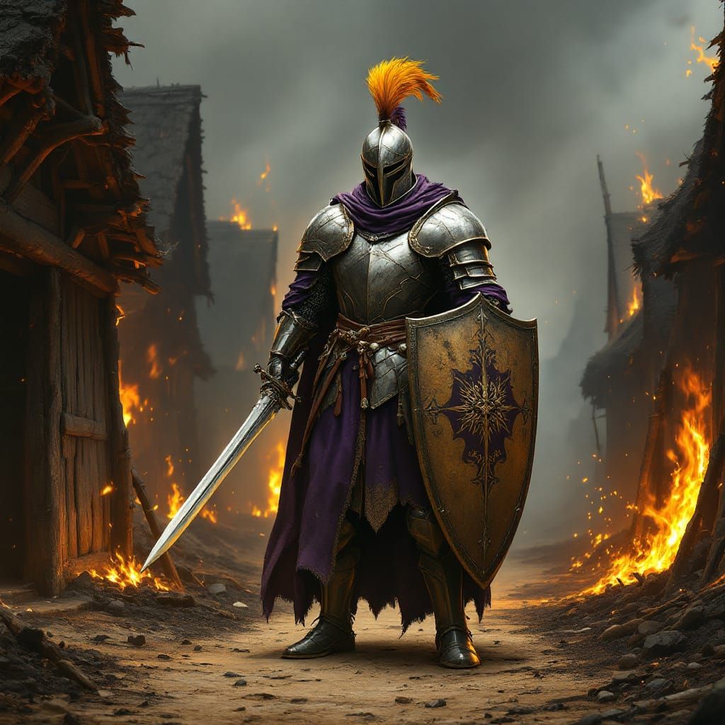 Knight in White Armor Amidst Burning Buildings