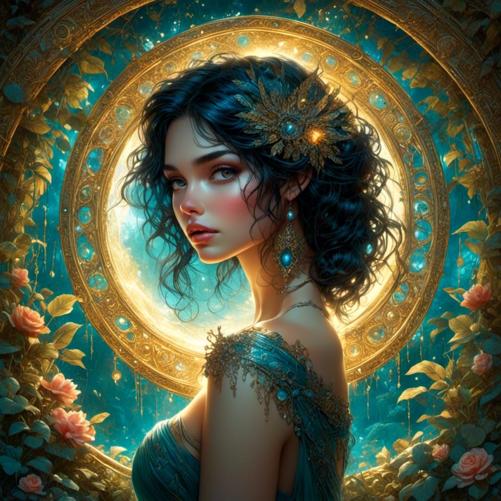 Woman Gazing into Portal Mirror Illustration