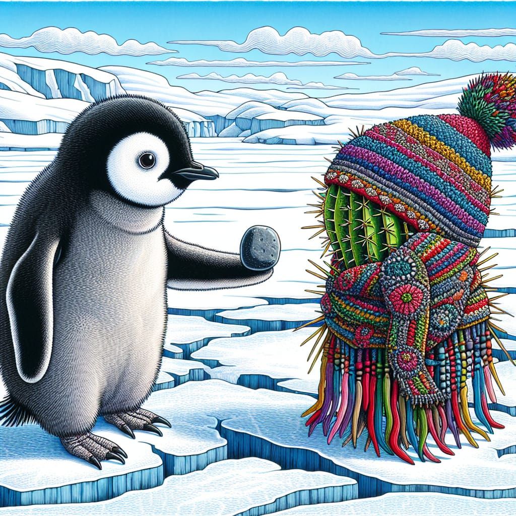 Penguin Offers Pebble to Cactus in Antarctic Scene