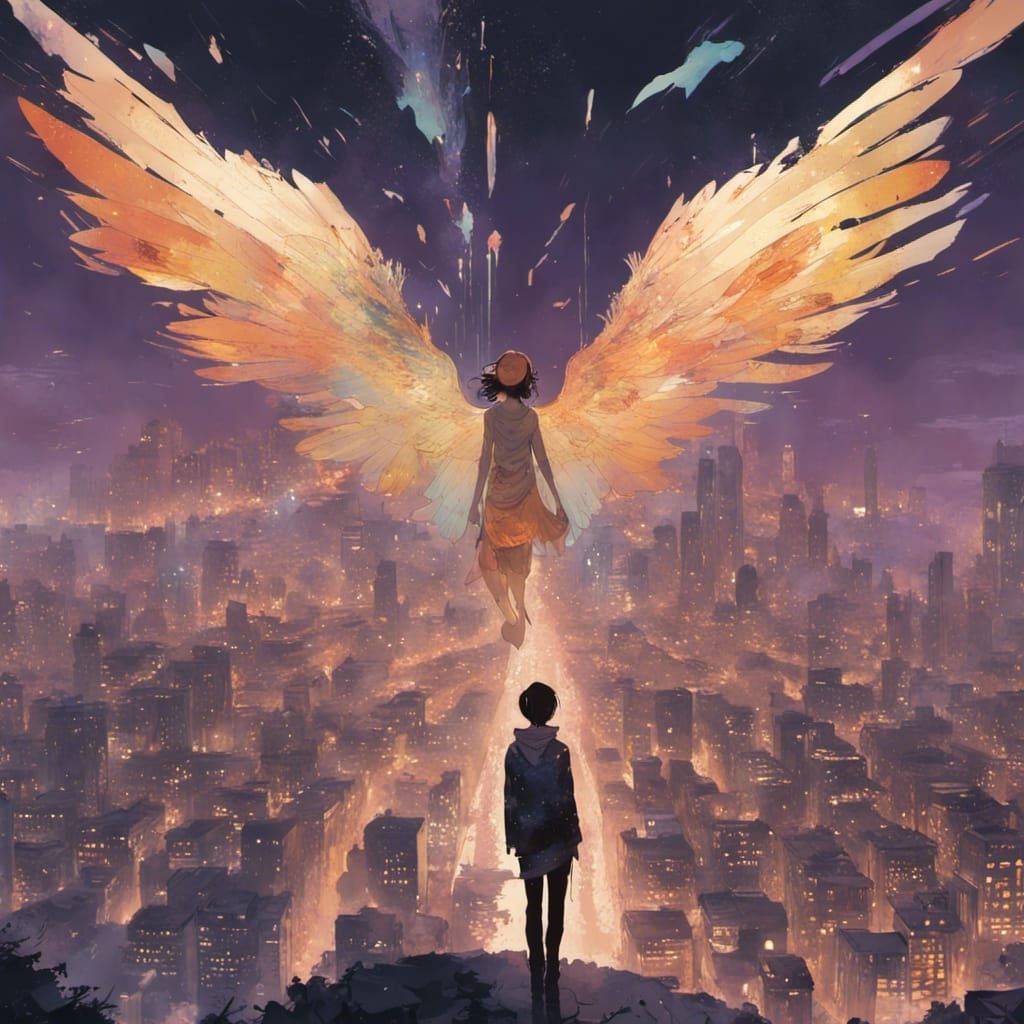 16k resolution, art by Ismail Inceoglu, Erin Hanson, and Victo Ngai. A figure with wings made of light, soaring above a ...