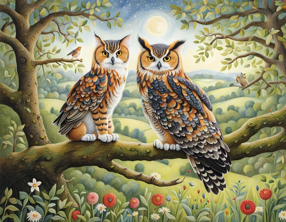 Cat and Owl on a Branch, Illustrated Style