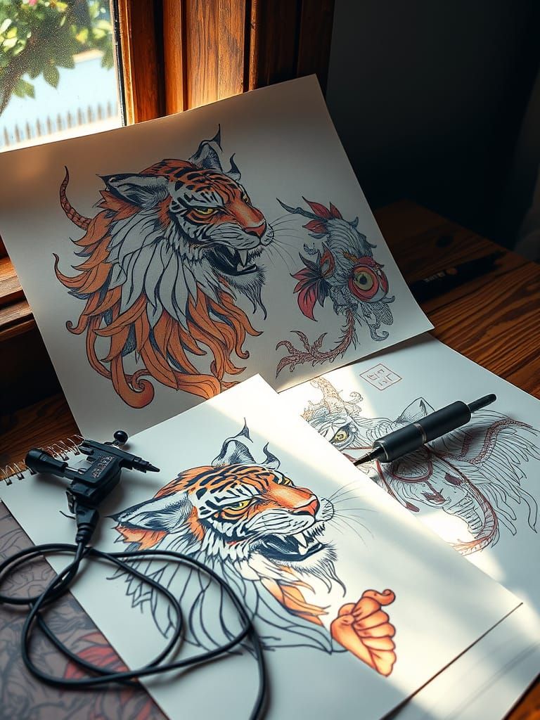 Feline Thai Art Tattoo Design in Impressionist Style