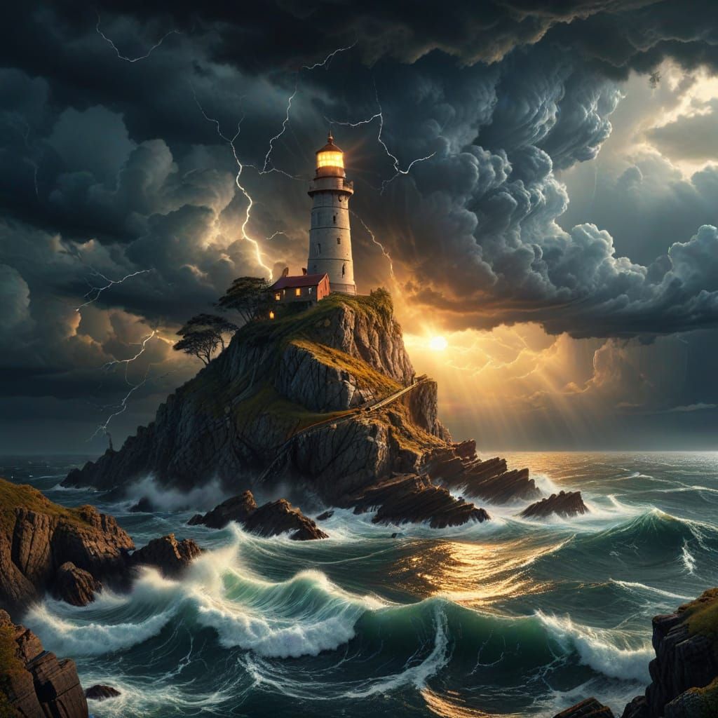 Stormy Seascape: Ancient Lighthouse in Digital Art
