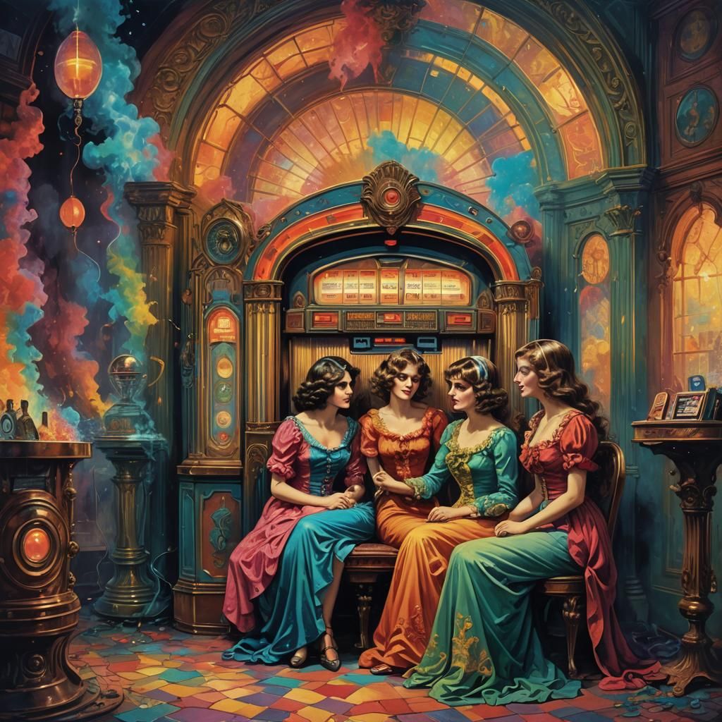 Psychedelic Women Listen to Jukebox in Pop Art Style