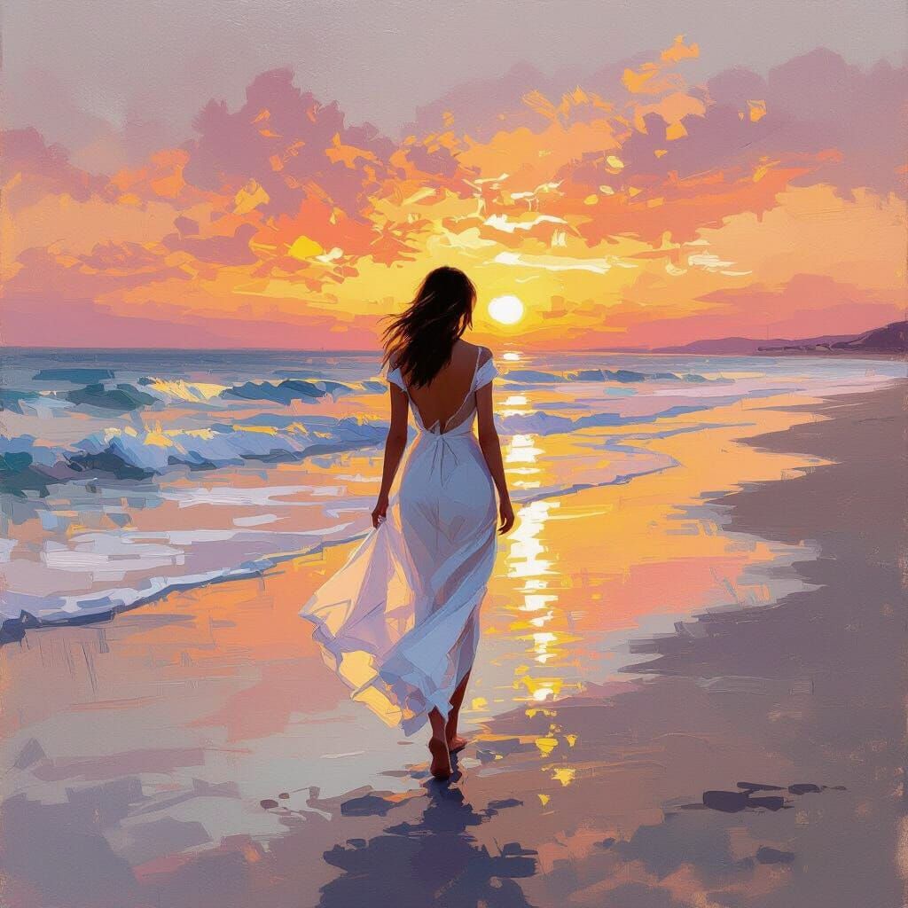 Woman on Beach at Sunset in Impressionistic Style