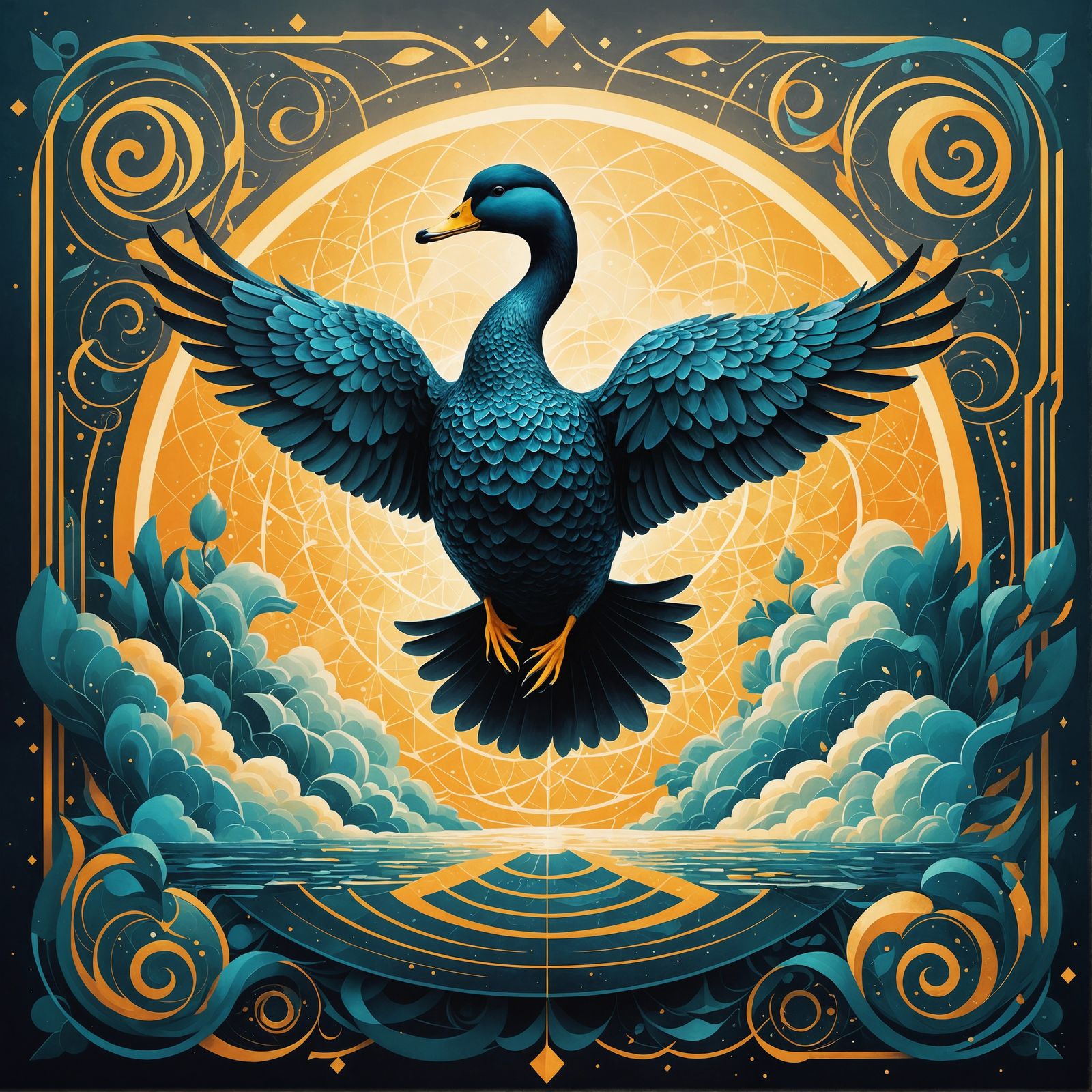 Sacred Duck with Geometric Patterns in Splash Art