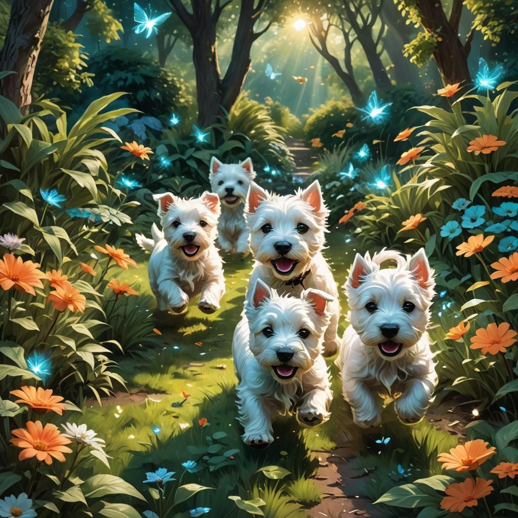 West Highland Terrier Puppies in Fantasy Garden