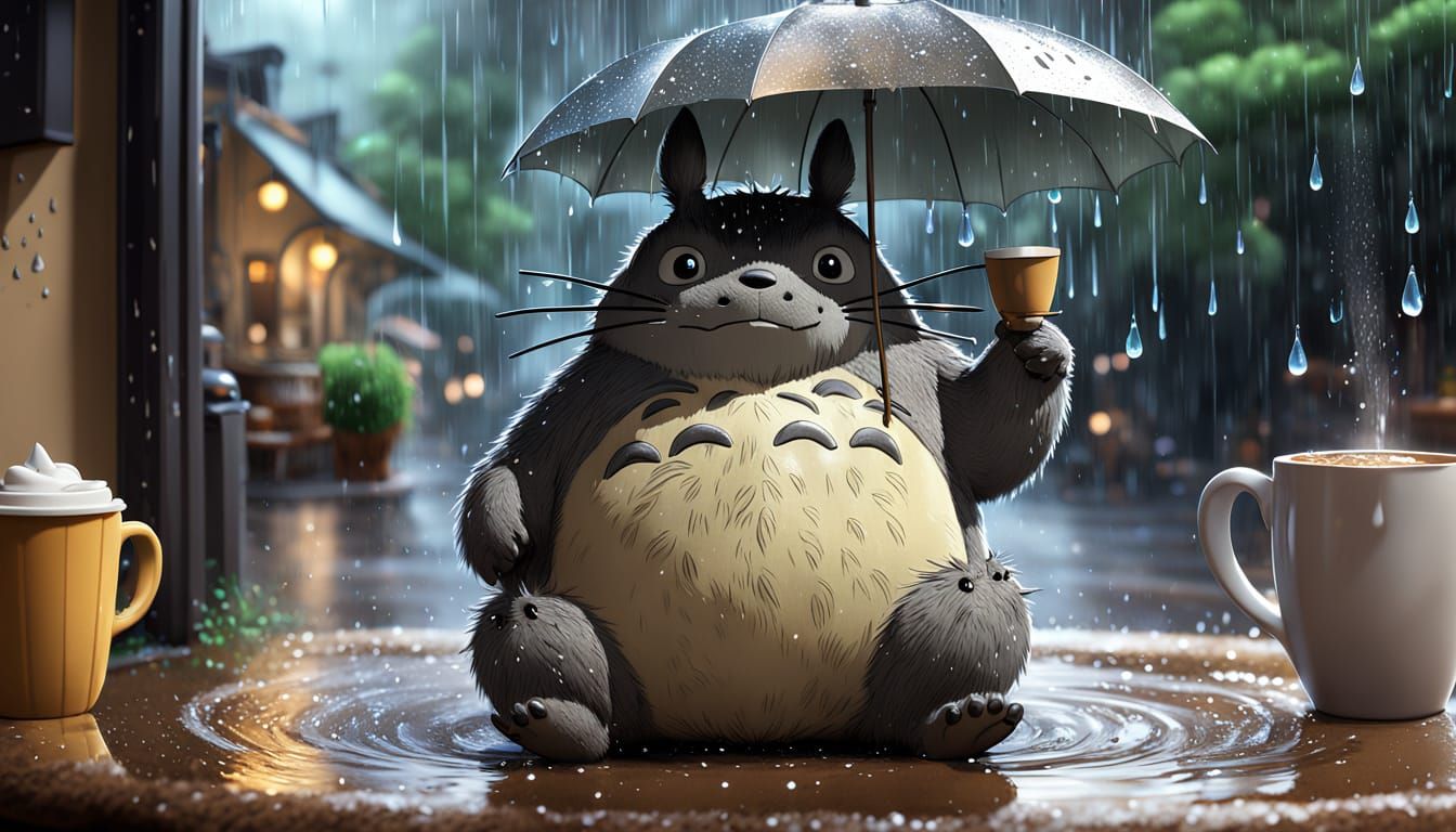 Totoro Sips Coffee in Whimsical Rainy Cafe Scene