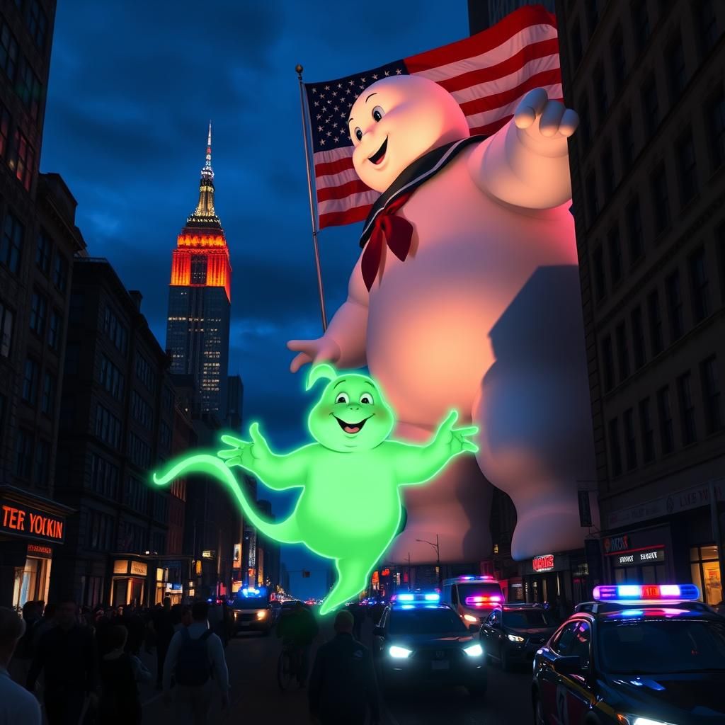 New York City, with Mr. Stay Puff towering over the skyline,...