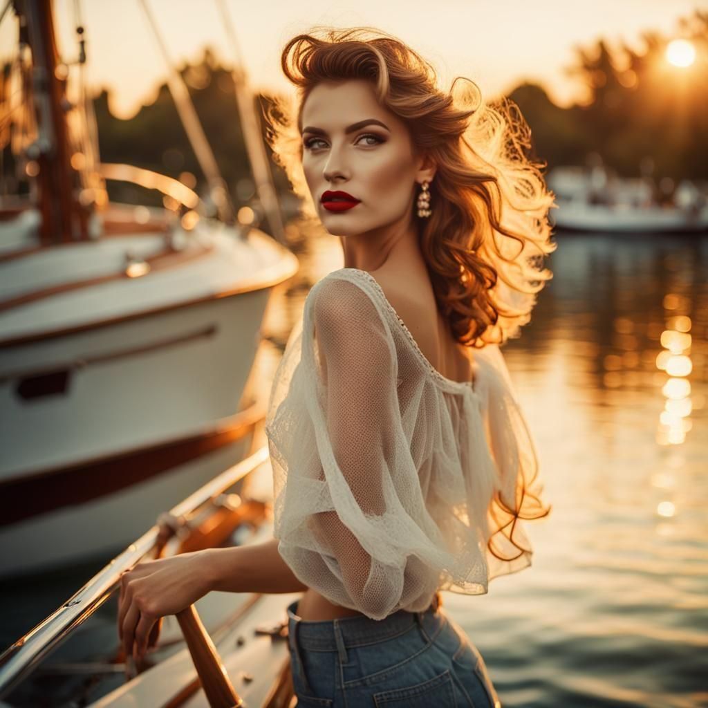 Woman with Red Lips on Boat