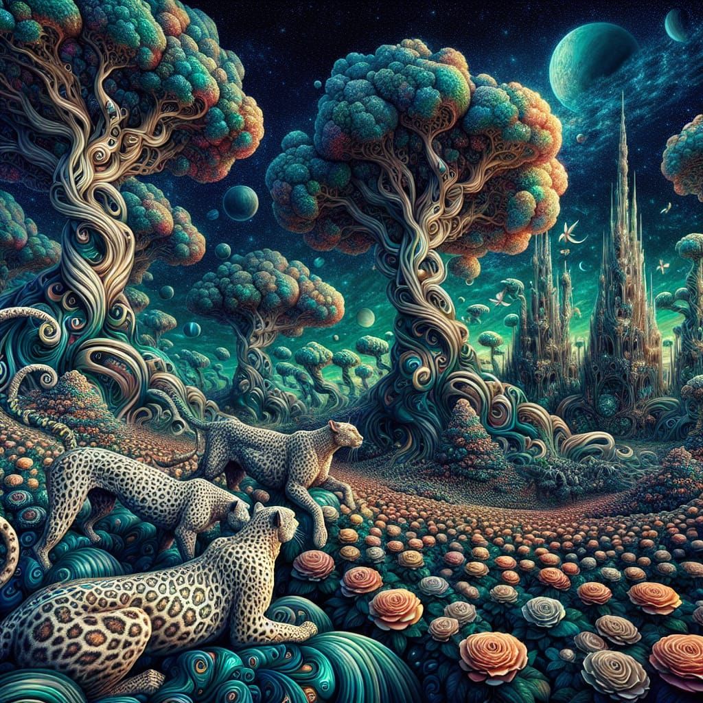 Surreal Landscape with Iridescent Creatures in Digital Paint...