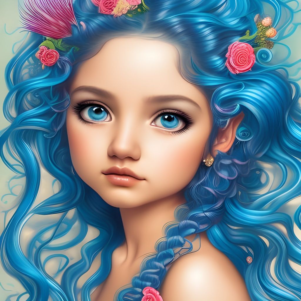 Radiant Hispanic Girl with Blue Hair, Art Nouveau