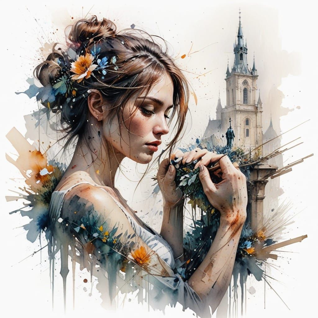 Girl at Prague, Czech Republic in Whimsical Watercolour Styl...