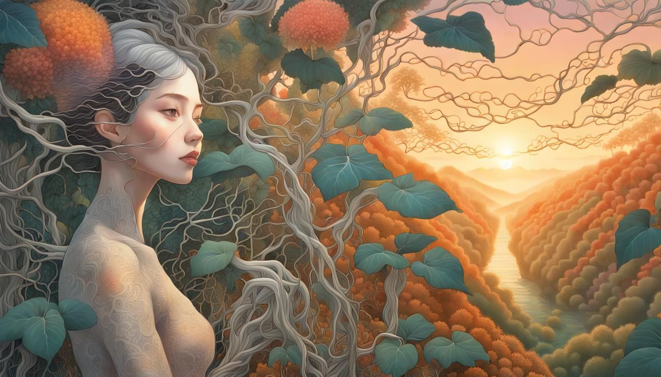 Sunset Hybrid Woman in Vines: Fashion Magazine Art