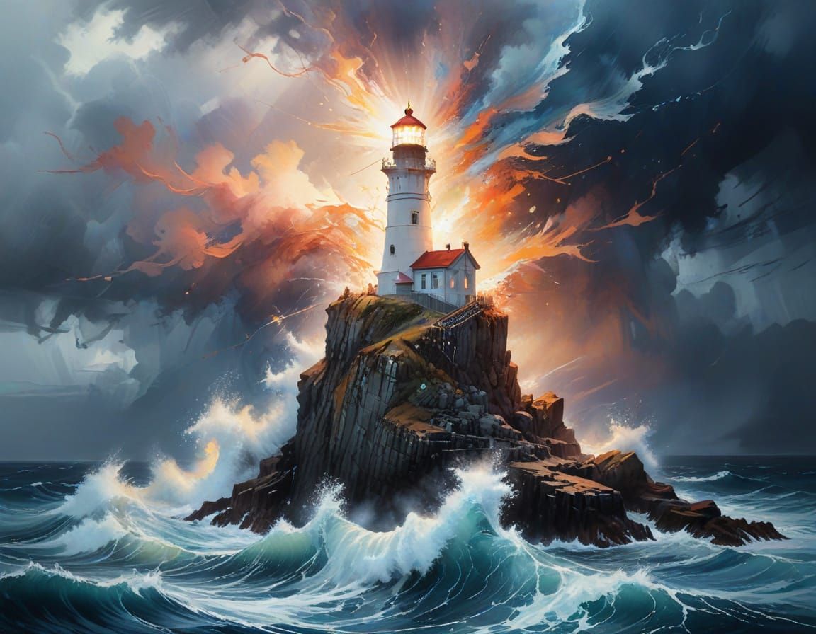 Lighthouse Beacon Against Stormy Seas, Digital Art