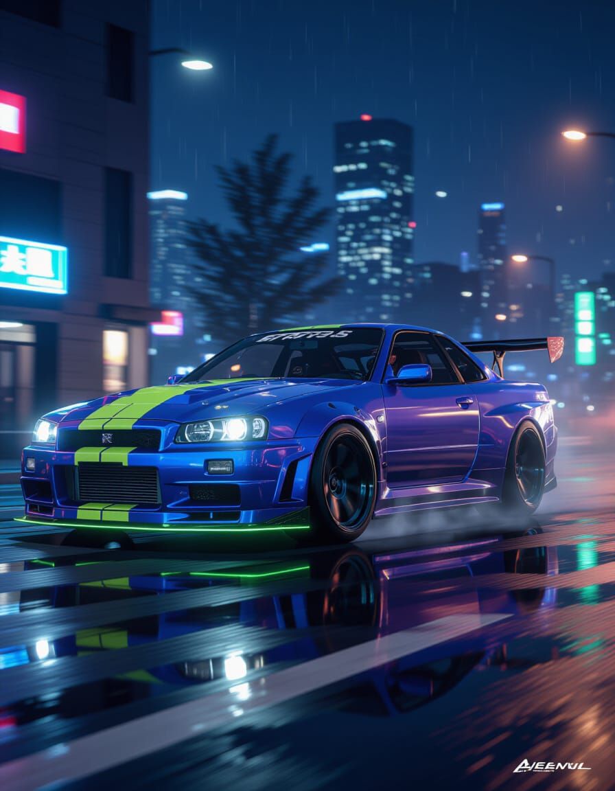 Nissan Skyline GT-R Race Car in Blue and Lime Green