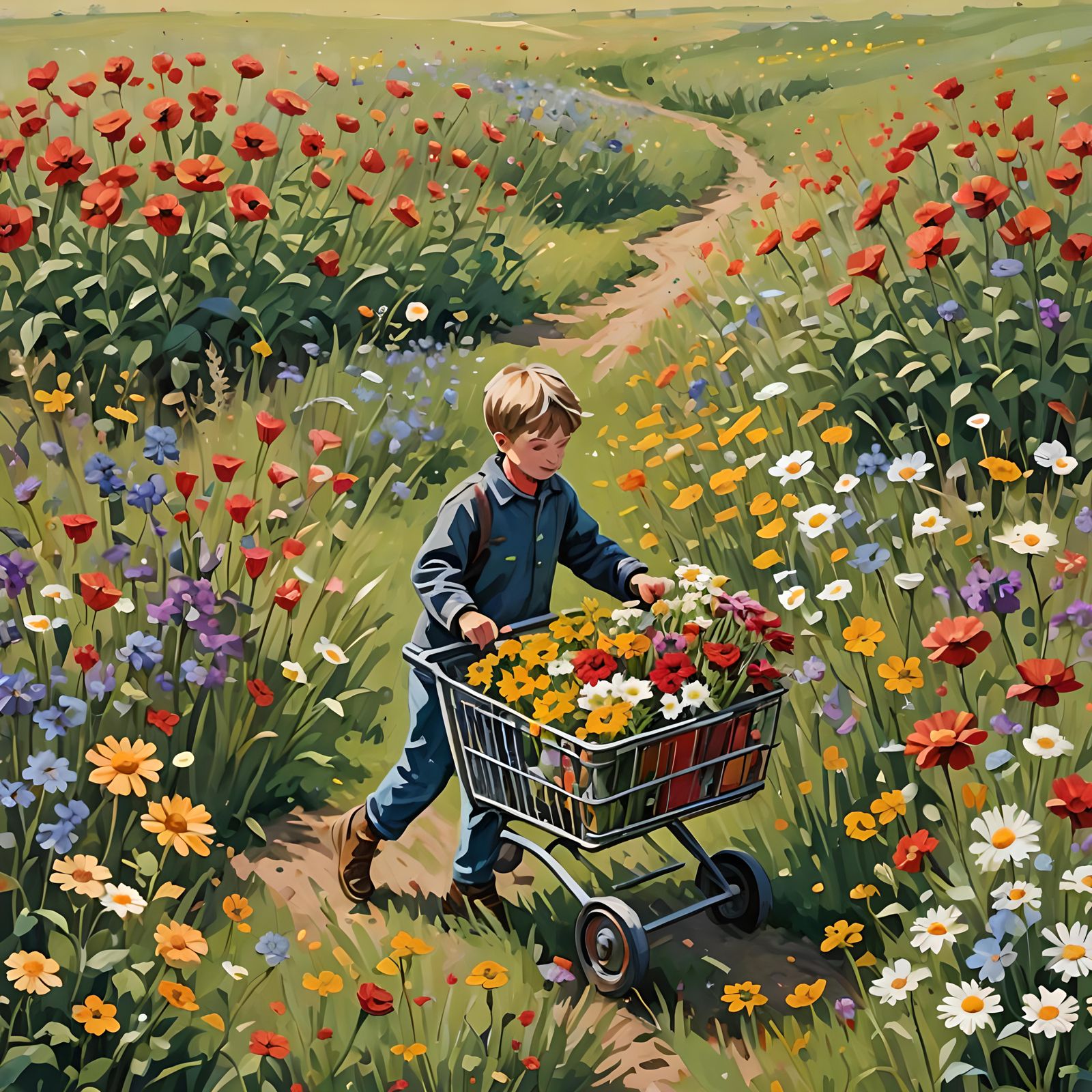 Boy With Flowers in Field Painting