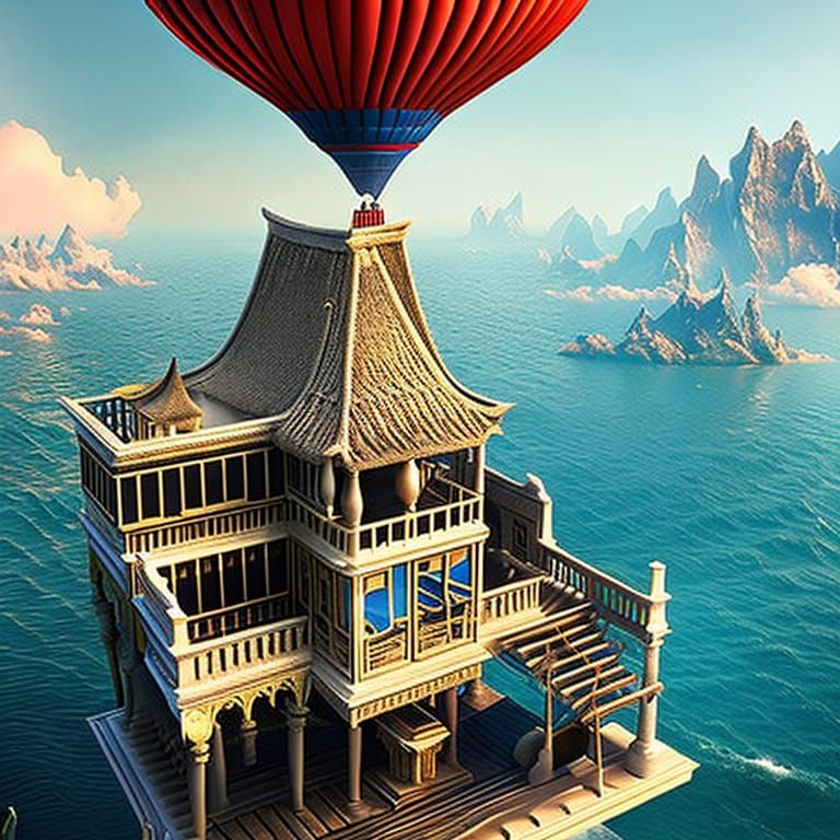 Floating House in Clouds, Jules Verne Inspired Art