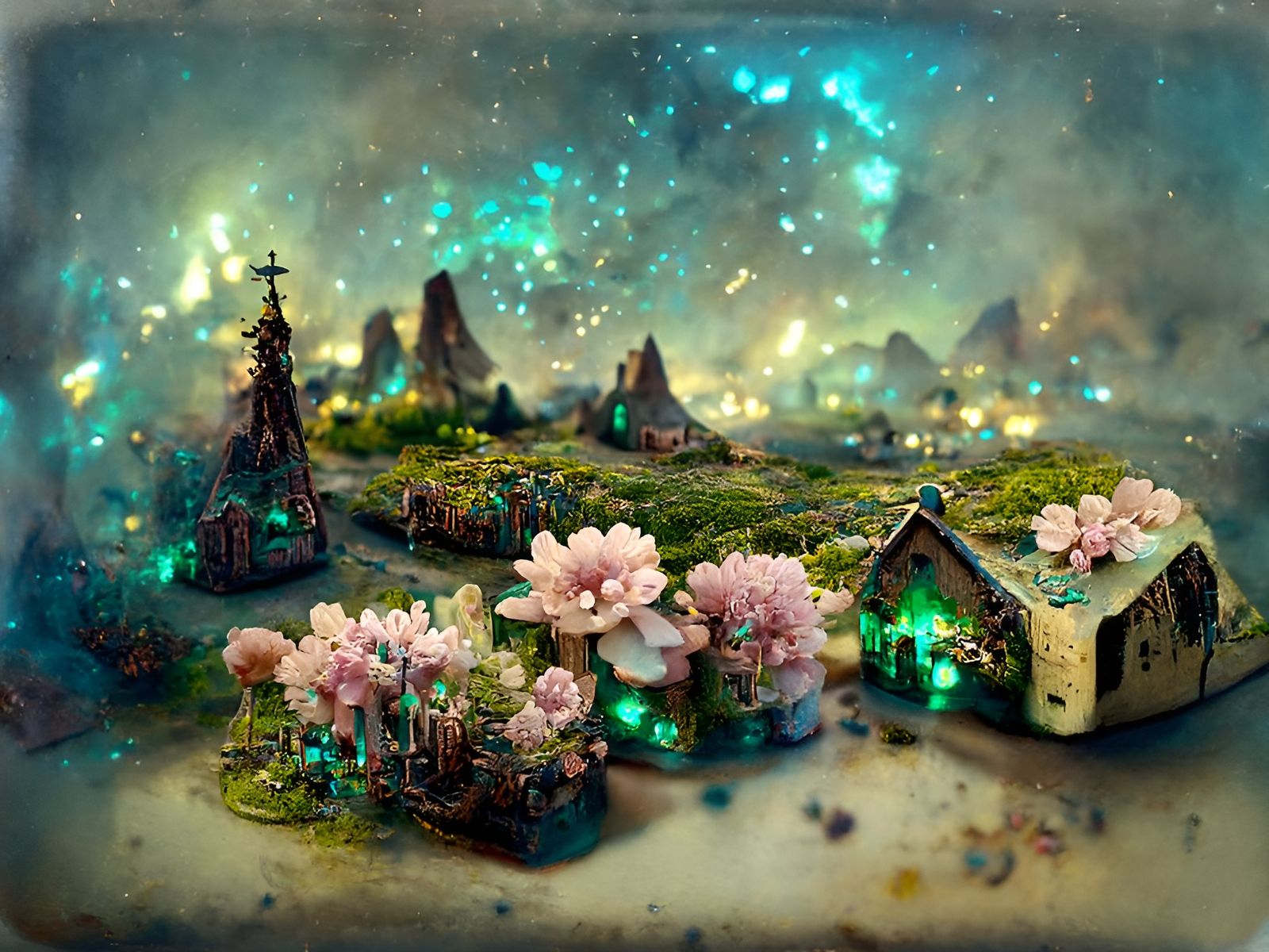 Magical Village in Bioluminescent Meadow