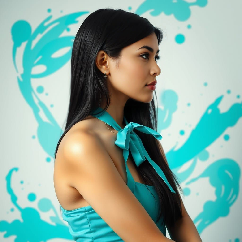 Young Woman in Turquoise Dress: Dreamlike Portrait