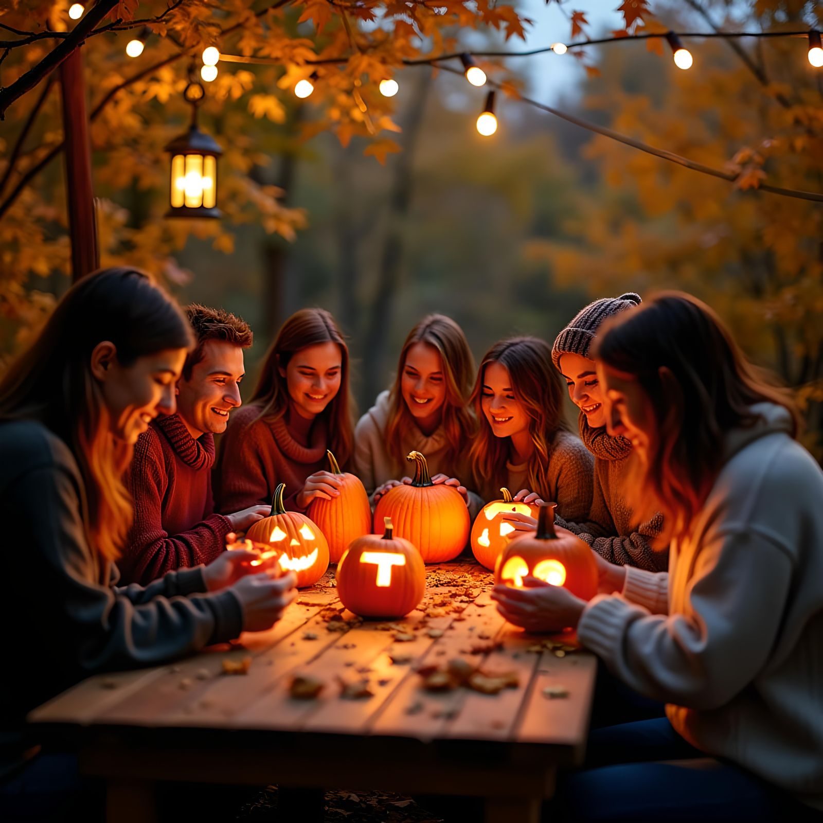 Festive Halloween Gathering: People Carving Jack-o'-Lanterns