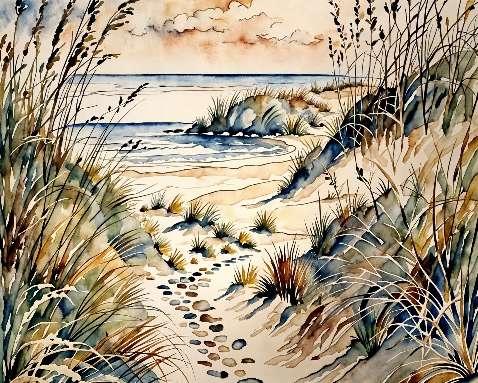 Watercolor Beach Scene Through Dunes, Arthur Rackham Style