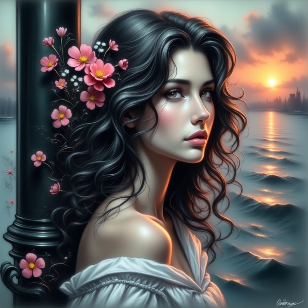 Sunset Harbor: Woman with Flowers in Hair