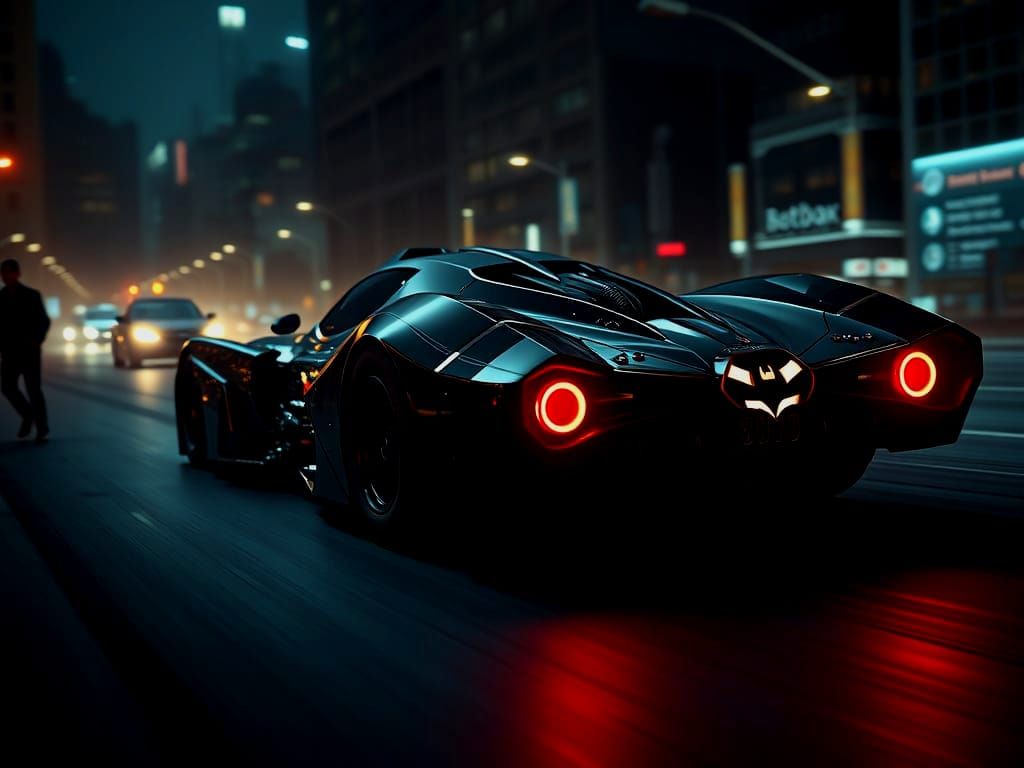 Futuristic Batmobile Chase in Gotham City Night