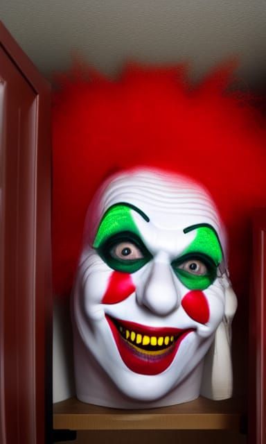 Giant Horror Clown Head in Dark Closet