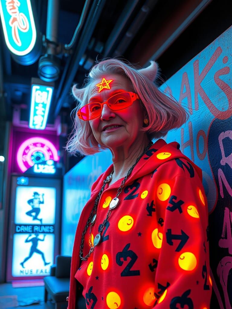 Psychedelic Granny Portrait in Futuristic Neon Environment