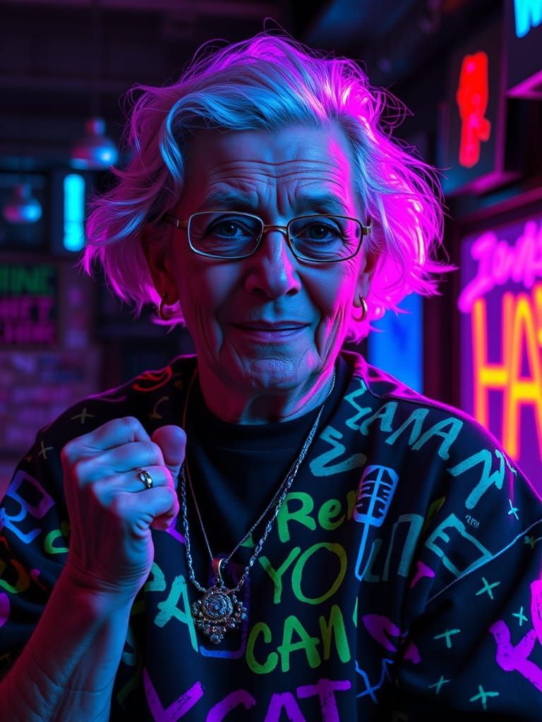 Grandmother in Surreal Dreamscape with Glowing Runes