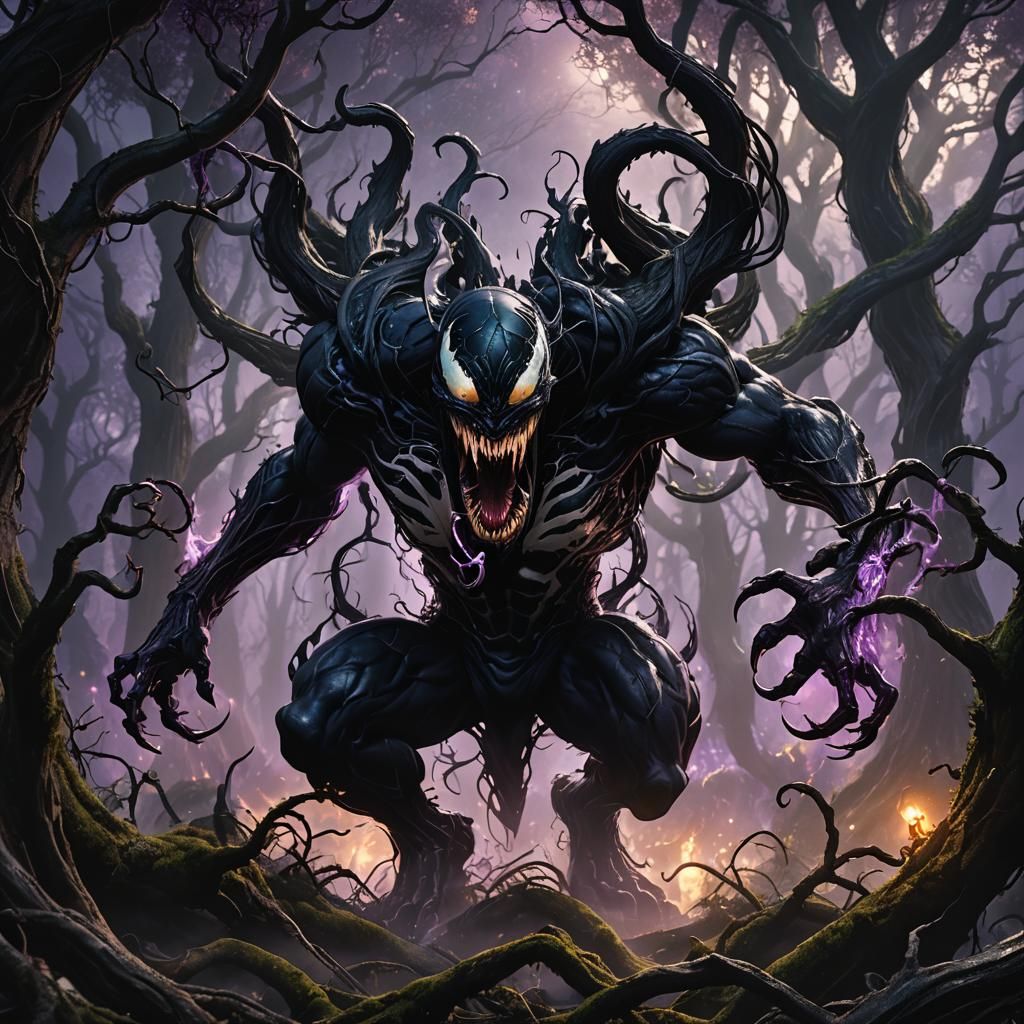 Venom Emerges from Dark Forest in Detailed Matte Painting