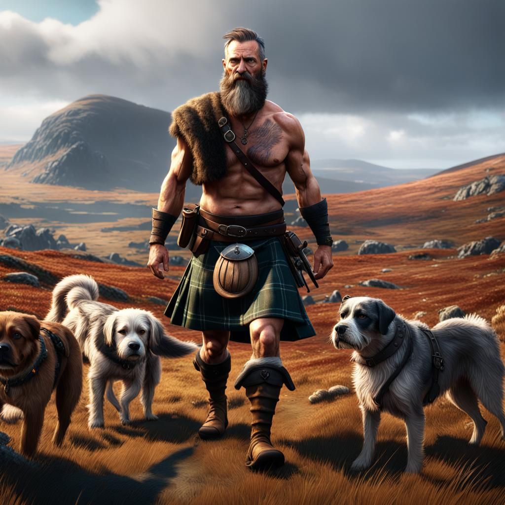 Scottish Laird on Moorland with Dogs: 3D Cinematic