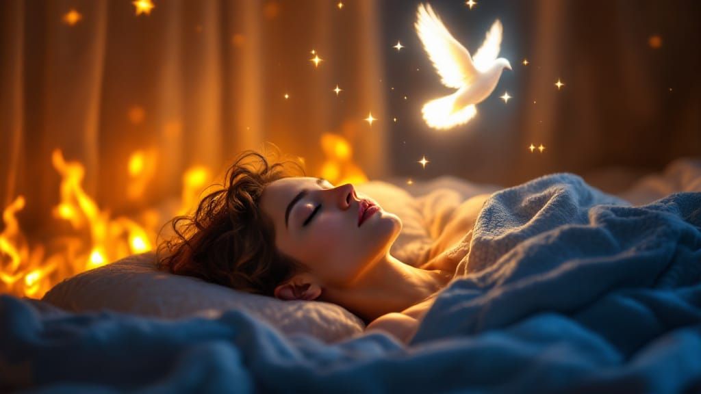 Serene Woman Sleeping Under Divine Glow with Gentle Flames