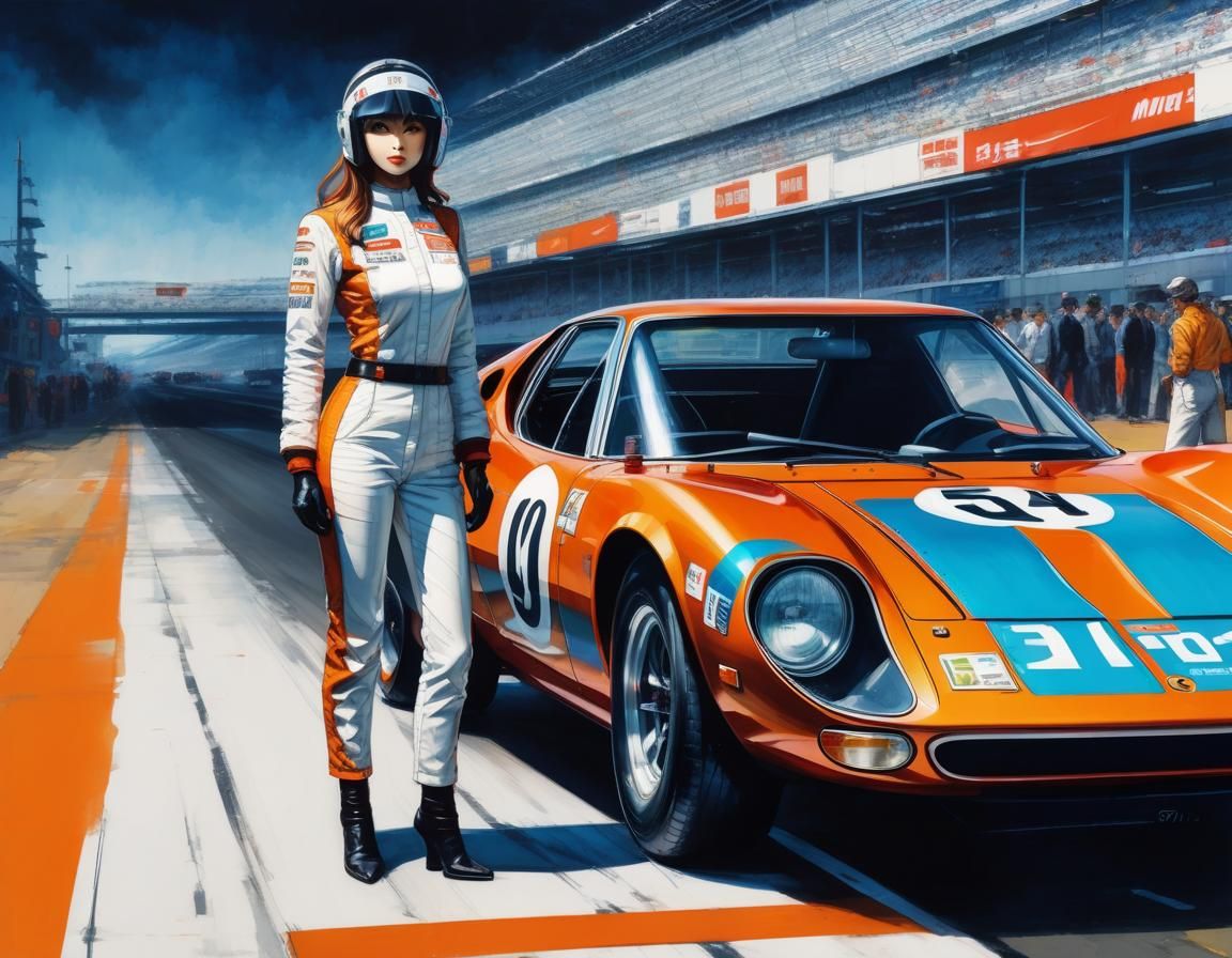 Alluring Driver with a Classic Racecar, Manga Style