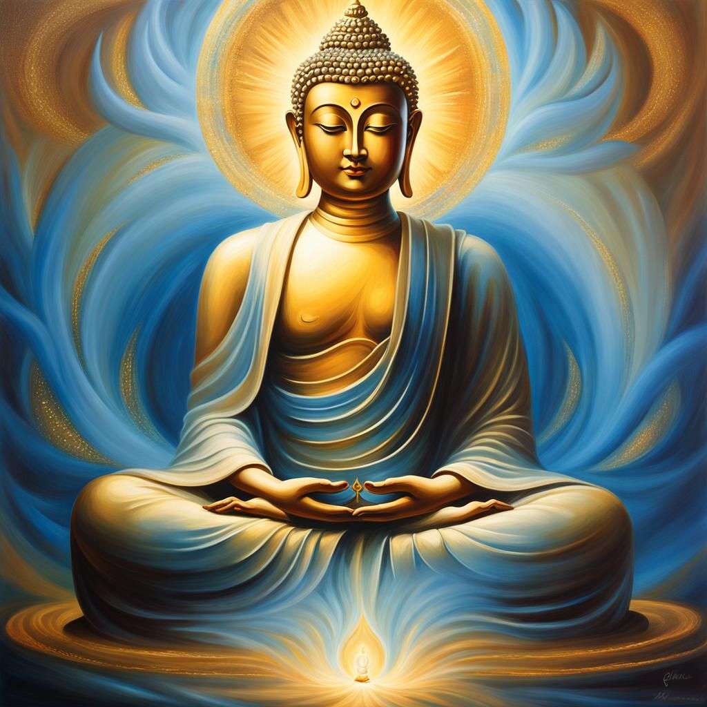 Serene Buddha in Ethereal Mist: Mystical Painting