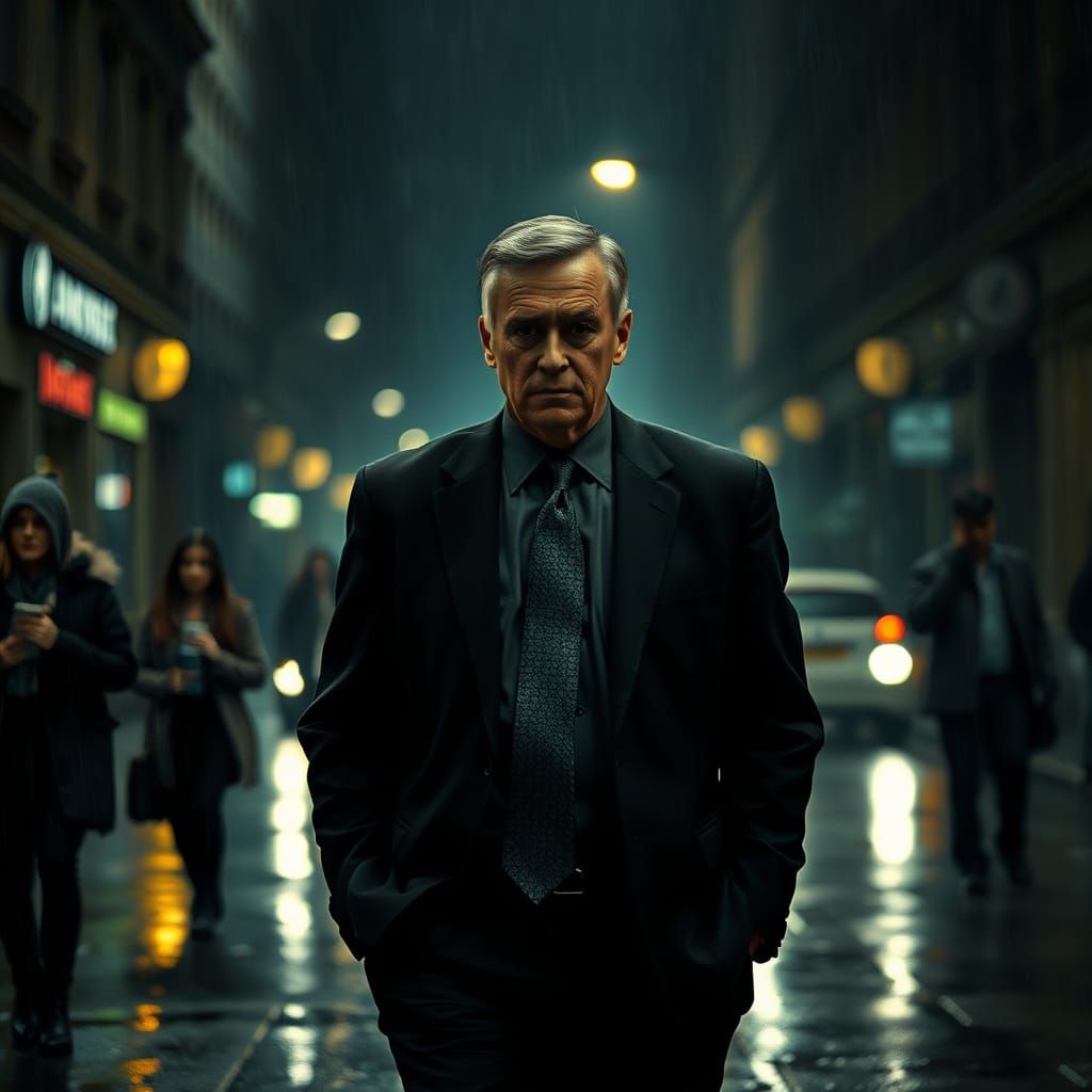 Man in Suit Walks Through Moody Cityscape