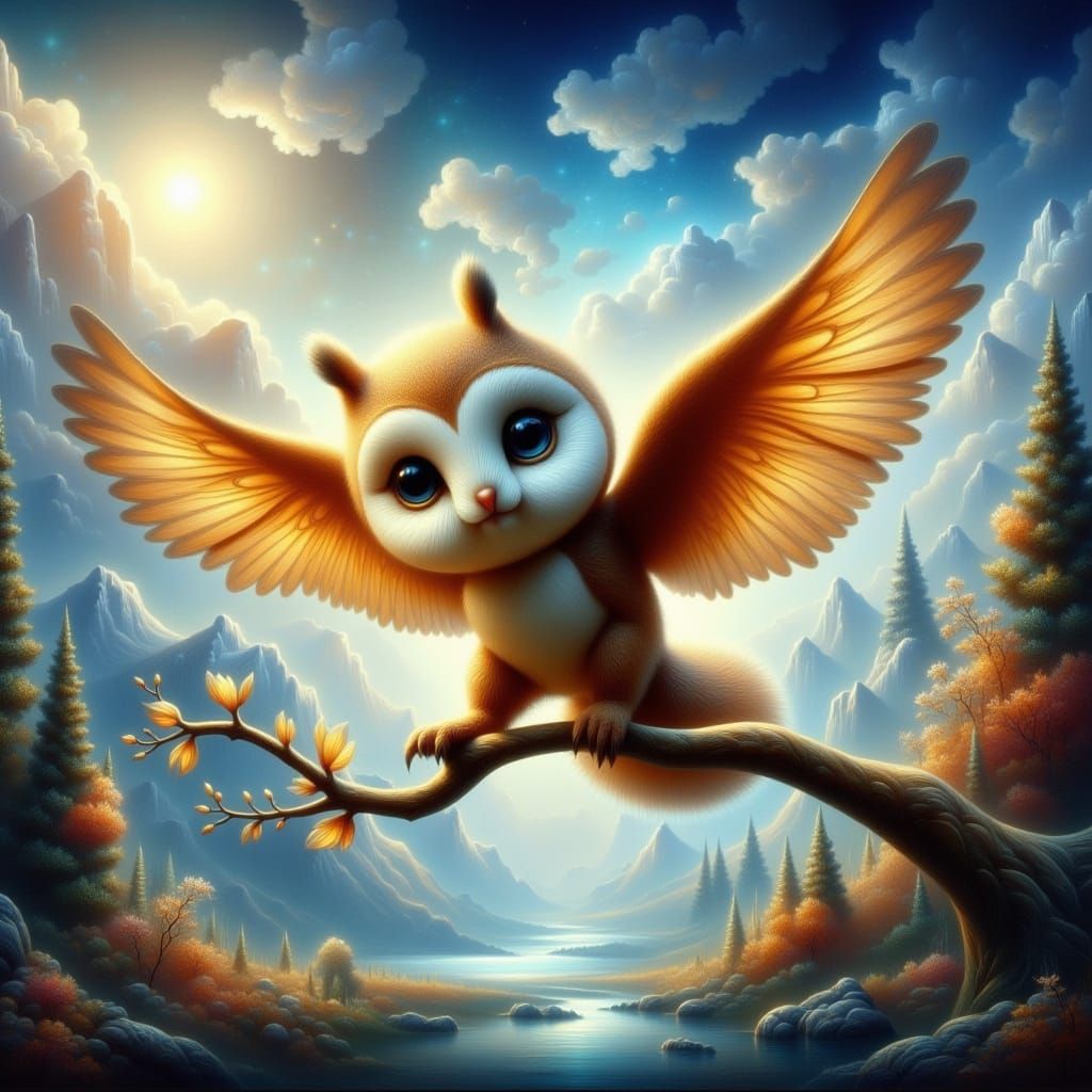 Luminous Flying Squirrel Owl in Whimsical Style
