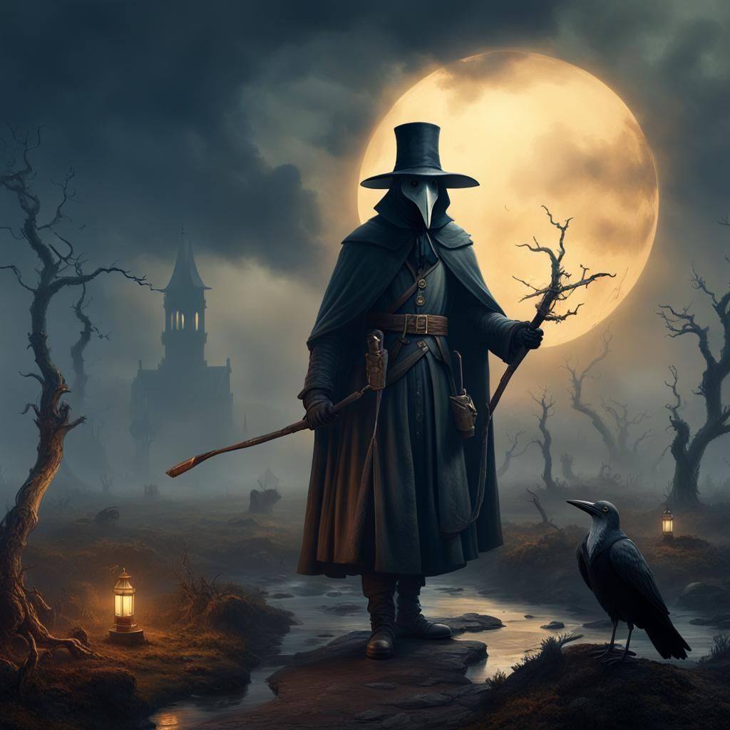Plague Doctor in Fog: Doré-Inspired Matte Painting