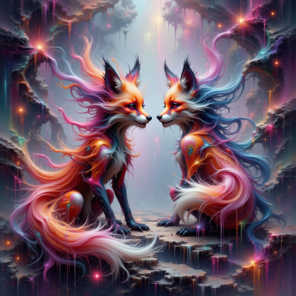 Foxes Dancing in a Maximalist Dreamscape